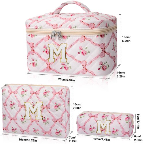 Junesters Personalized Initial Makeup Bag Set, Quilted Makeup Bag, Large Floral Cosmetic Bag for Women, Cute Cotton Custom Make up Bags, Flower Travel Toiletry Bag Teen Girl Gift Trendy Stuff Gift M