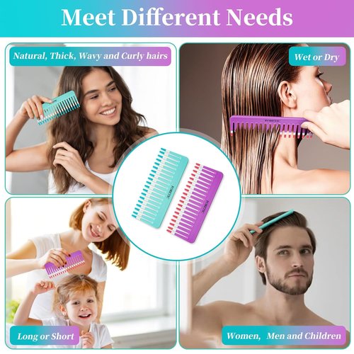 Skiennix 2-Pack Wide-Tooth Anti-Static Comb Set | 6.1-Inch Handle-Free Design for Curly & Wet Hair (Purple & Blue)