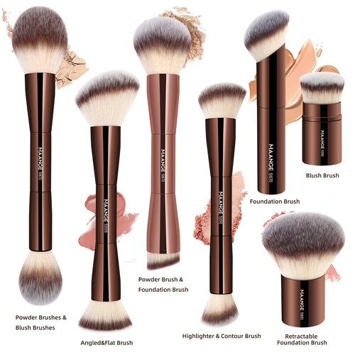 MAANGE 7pcs Makeup Brush Set Double Sided Kabuki Makeup Brushes Contour Brush for Foundation Liquid Powder Concealer Cream Cosmetics Bronzer Blending Blush Buffing Makeup Tools (Coffee)