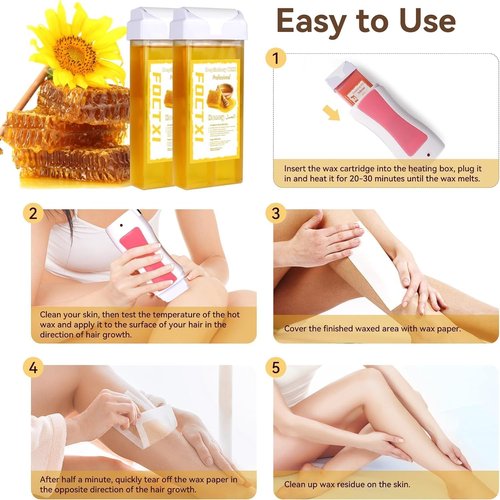 FOCTXI Wax Roller Kit Ｗax Cartridge, Roll On Wax for Hair Removal, Roll on Ｗax, 4 Honey Hair Removal Ｗax Cartridge and 10 Pack Cleaning Oil Wipes for Women