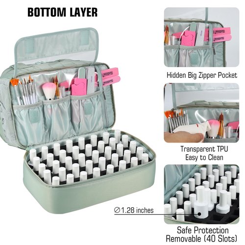 GR69N Nail Polish Organizer Case,Nail Storage Organizer Holds Nail Lamp & 50 Bottles Nail Polish,Nail Tech Travel Case,Nail Kit Organizer Bag Fits Nail Supplies & Manicure Tools,Green (Patented)