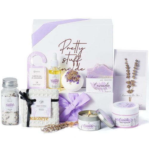Peacoeye Spa Gifts for Women Valentines Day Mothers Day Gifts Bath Gift Baskets Relaxing Spa Self Care for Mom Her Sister Wife Auntie Home Bath Care Package Thank You Birthday (Purple -Spa for Women)