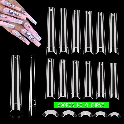 600PCS No C Curve Coffin Nail Tips for Acrylic Nails Professional, XXXL Clear Coffin Nail Tips, 12 Sizes Extra Long Acrylic Nails Tips Flattened Half Cover Fake Nails for Salons and Home DIY