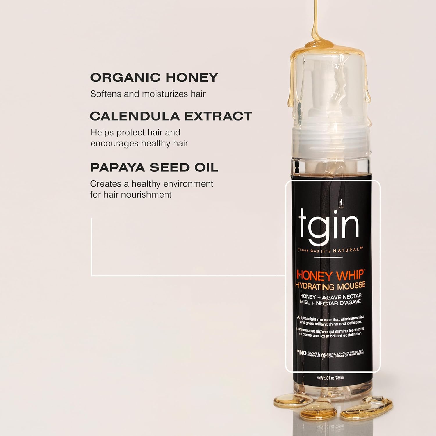 TGIN Honey Whip Hydrating Mousse - Nourishing Formula for Natural, Curly & Damaged Hair | 8 Oz