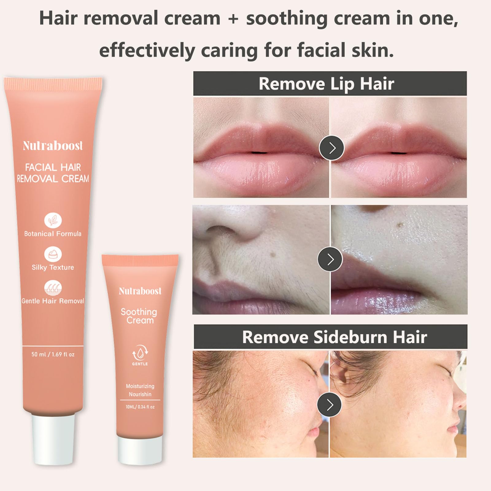 Women's facial hair removal cream,（4 Min, 7 Days Smooth） suitable for upper lip and chin hair removal, two in one, containing soothing cream, suitable for sensitive skin (3pcs)