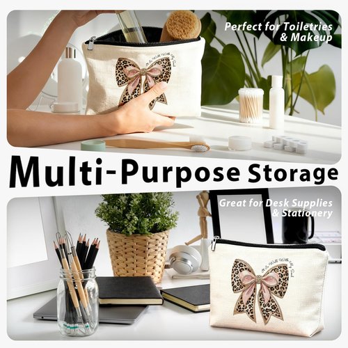 LIANGW Coquette Leopard Print Bow Christian Makeup Bag, She Is Worthy Blue Girly Cosmetic Bags for Women, Christian Gifts for Women, Preppy Aesthetic Zipper Makeup Pouch