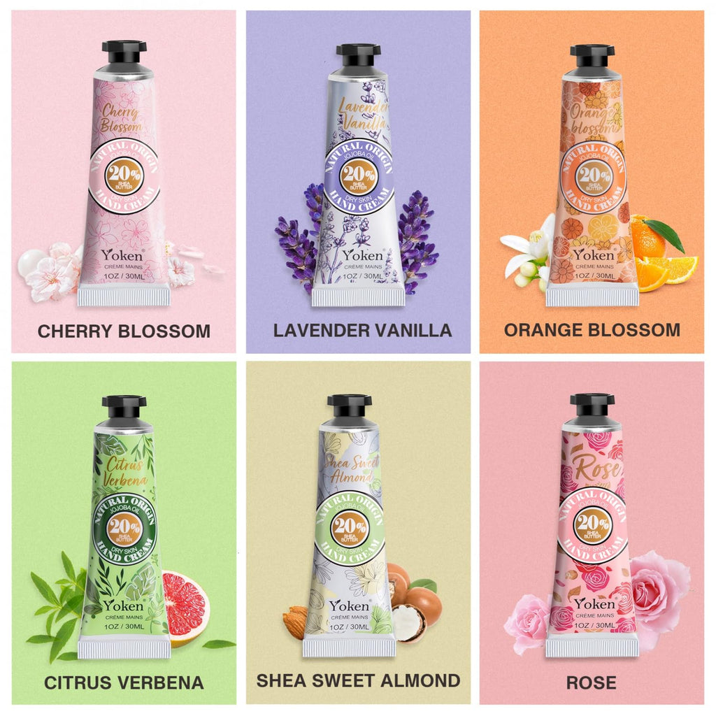 Yoken 20% Shea Butter Hand Cream Gift Set, Instant Soothing Moisturizing Hand Cream for Women Nourishes Dry Hands, 6-Piece Delicate Tin Gift Set Almond, Citrus Verbena & Floral-Scented, 6 x 1 OZ