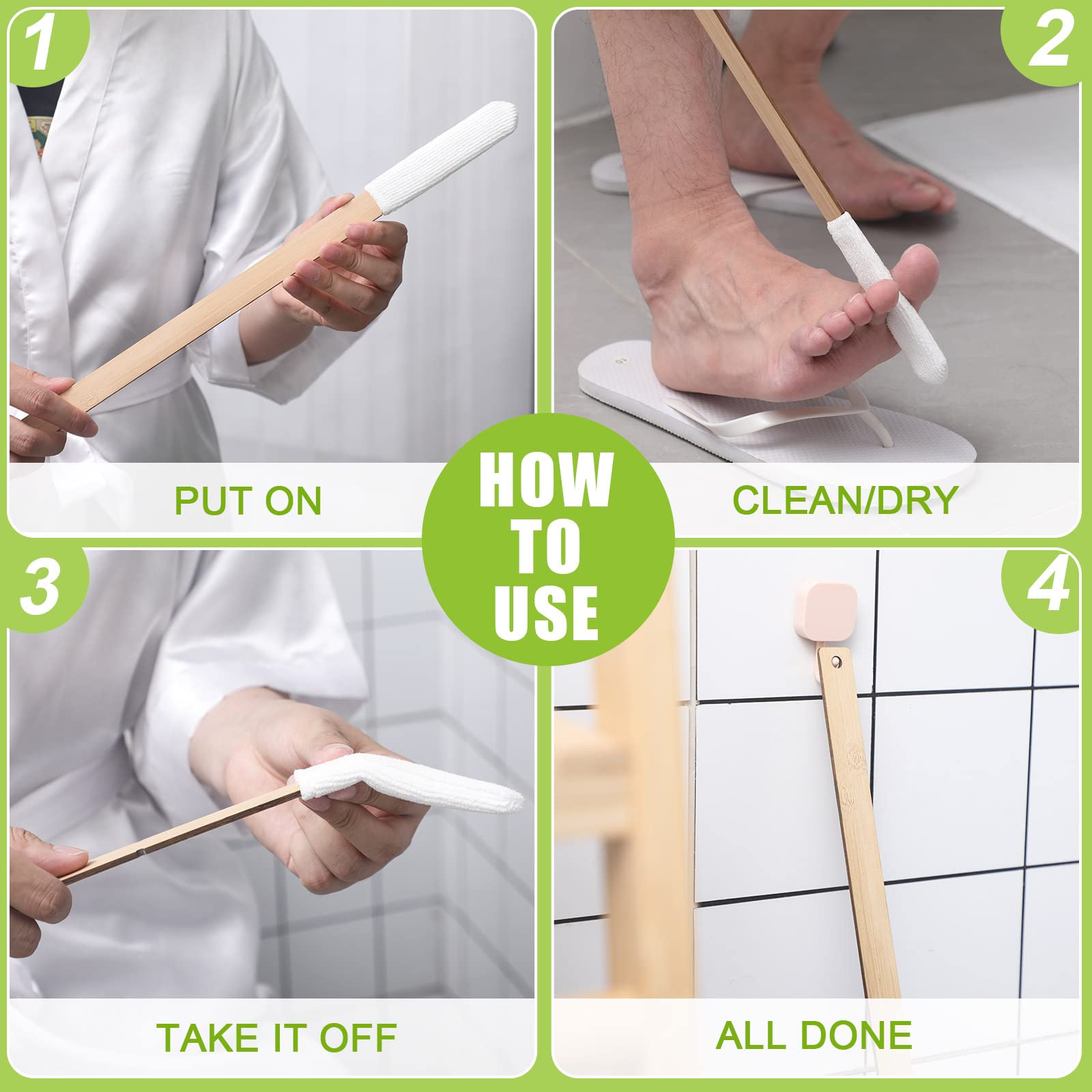 Yaomiao Set of 2 Long Handle Toe Brush 15.75 Inches Wooden Foot Towel Brush with Reusable Remove Soft Drying Covers for Foot Scrubber Cleaning Between Toes
