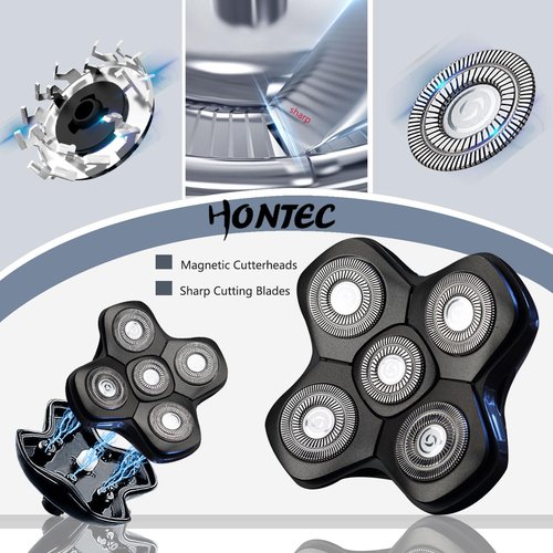 HONTEC Revolutionary Upgrade Bald Men's 4-in-1 Electric Head Shavers Cordless Comfortable IPX7 Waterproof m Wet/Dry Use Equipped with Clippers, Trimmers & Cleansing Rechargeable for Smooth Shave