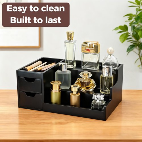 UUyuality Countertop Perfume & Makeup Organizer - Wooden Rack, Cologne Stand Shelves & Skincare Organizer for Bedroom Dresser, Organizador de Perfumes Estante para Perfumes (Black, 01)