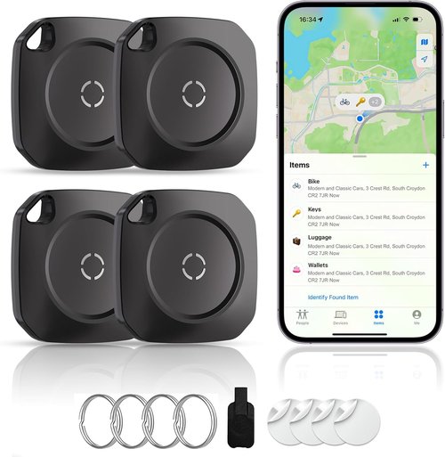 Air Tracker | Smart Bluetooth Tracker Tag - 4 Pack for Luggage, Keys & Backpacks - Replaceable Battery, Black