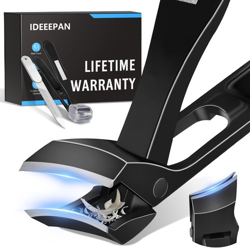 IDEEEPAN Toenail Clippers for Thick Toenails & Ingrown Nails, Slanted Curved Blade, Wide Mouth, Angled Head Toe Nail Clippers for Seniors with Long Handle & No Splash Catcher - Black