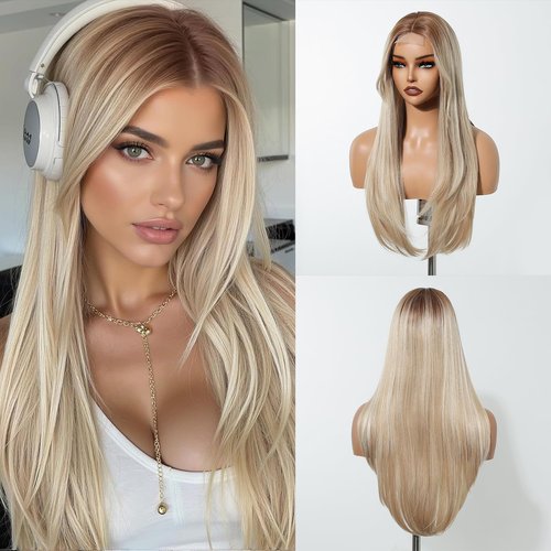 testar Long Straight Ombre Brown Blonde Wigs for White Women Synthetic Middle Part Layers Lace Front Wig for Daily Use Closure Natural Hairline 26 IN