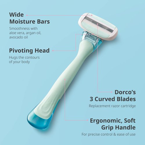 DORCO eve Pack of 3 Razors for Quick & Easy Shaving (No Handle, 8 Pcs Razor Blade Refills), 3 Curved Blades for Shaving with Aloe Vera Moisture Bar, Interchangeable Cartridge for Sensitive Skin