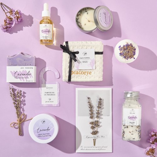 Peacoeye Spa Gifts for Women Valentines Day Mothers Day Gifts Bath Gift Baskets Relaxing Spa Self Care for Mom Her Sister Wife Auntie Home Bath Care Package Thank You Birthday (Purple -Spa for Women)