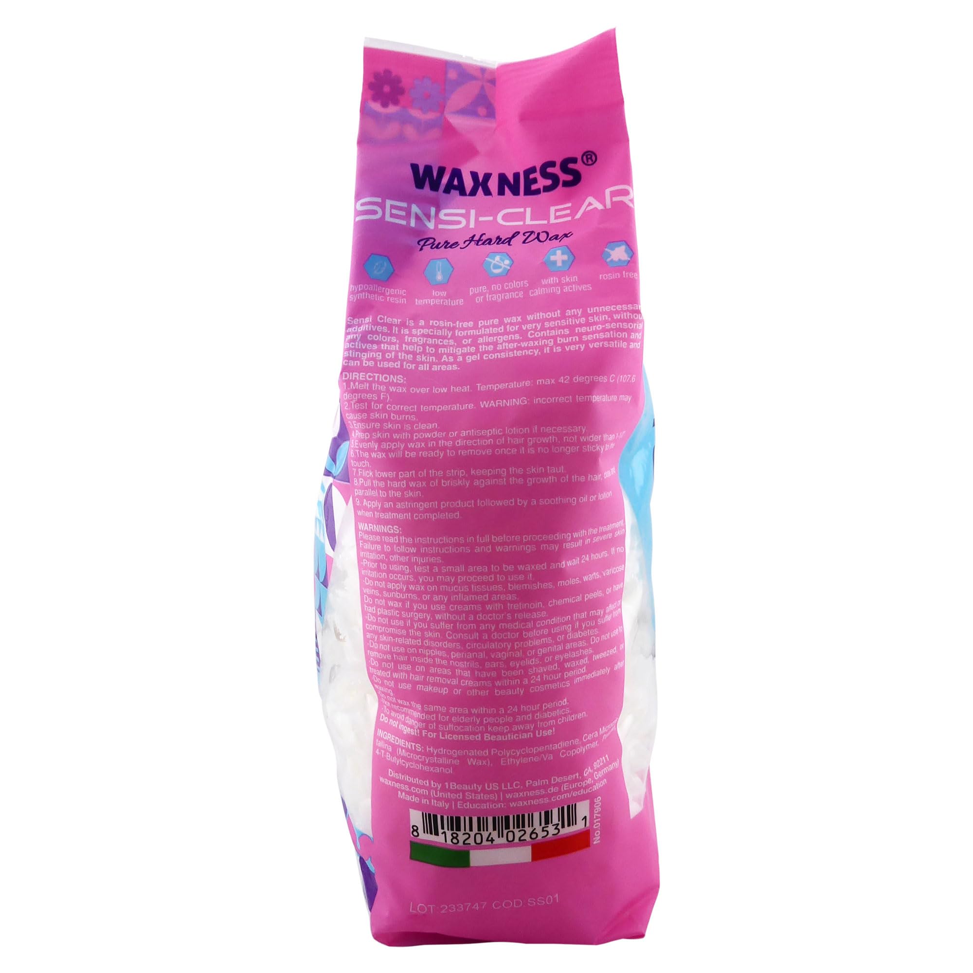 Waxness Sensi Clear Pure Hard Wax Beads 2.2 lb (1kg) – Rosin-Free Stripless Clear Hard Wax with Neuro-Active Comfort Complex for Face & Body - Made in Italy