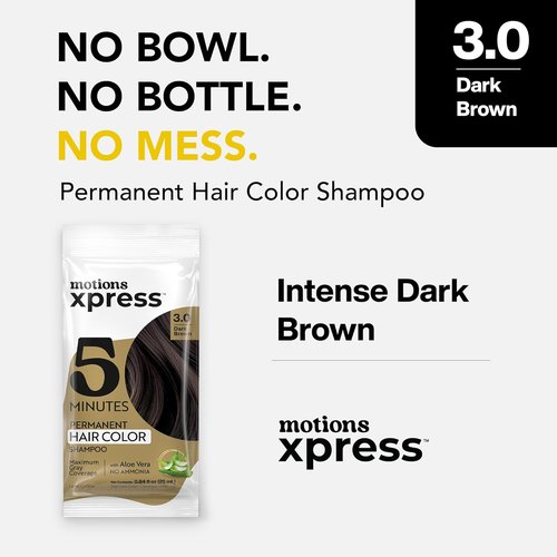 Motions Xpress Permanent Hair Color Shampoo - Dark Brown, 5-Minute Gray Coverage, Ammonia-Free, 0.84 Oz