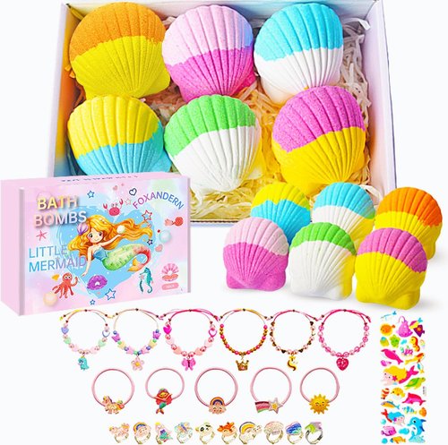 Foxandern Kids Bath Bombs, 6 Pack Mermaid Bath Bombs for Kids, 4 Oz Natural Organic Bubble Shells with Surprise Jewelry, Perfect Birthday, Christmas Party
