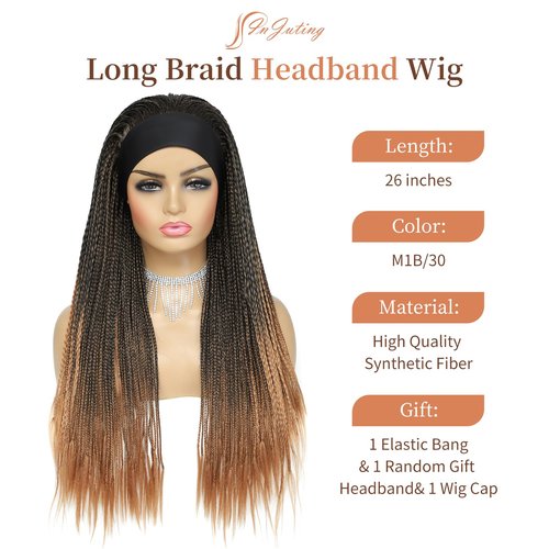 InJuting Hair Headband Box Braids Wig for Women Long Braided Synthetic Wig Stylish and Versatile Jumbo Box Braided Wig (M1B/30) (M1B/30)