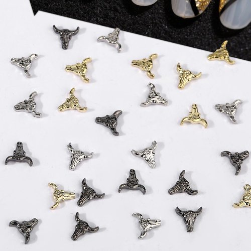 100pcs Stylish Bull Head Nail Charms, Halloween Retro Alloy Art Nail Stickers Funny Bull Head Manicure Decor Stickers for DIY Crafts with Gold Silver Black Mixed Color Designs