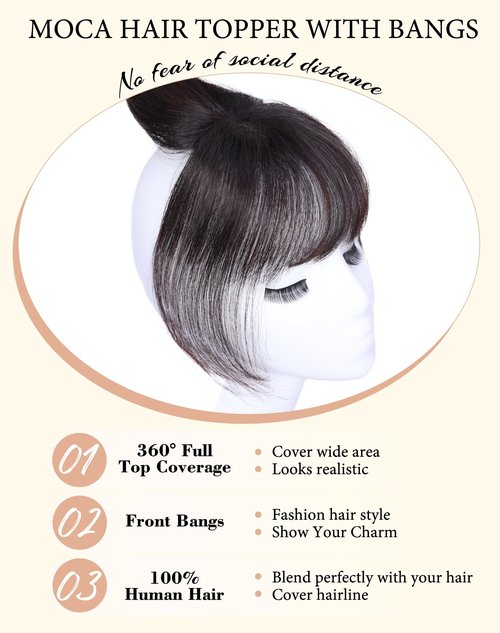 Hair Toppers for Women Real Human Hair, Bangs Hair Clip 360°3D Cover Clip on Bangs for Women Fake Bangs for Daily Wear (10 Inch Brown)