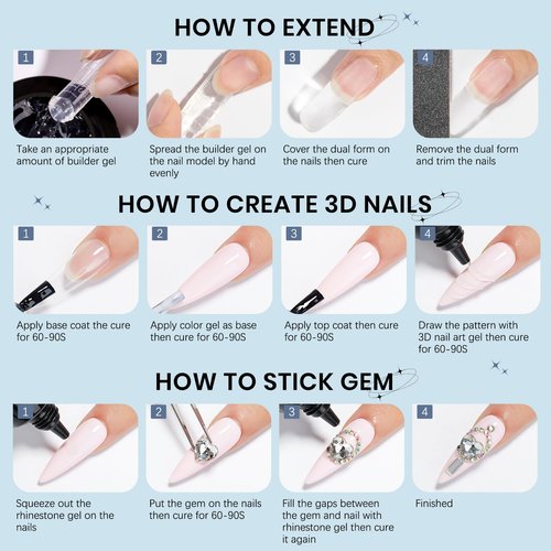 SUPWEE Solid Builder Gel for Nails 3D Nail Sculpture Gel and Nail Rhinestone Glue 3d Gels Nails Art Clear Hard Gels for Christmas Home DIY Manicure