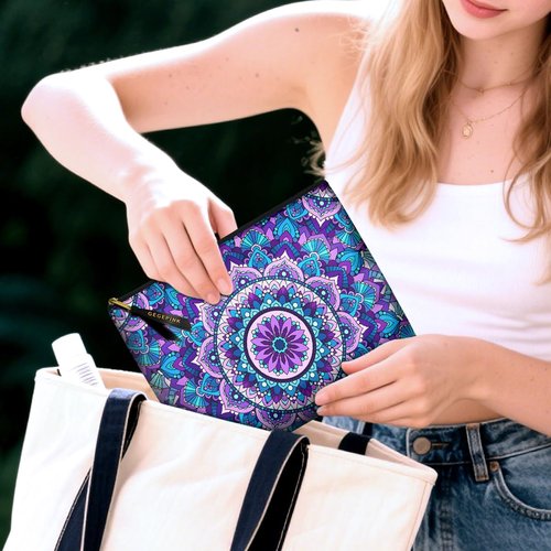 GEGEPINK Cute Makeup Bag for Purse Waterproof Cosmetic Bags for Women Funny Smooth Zipper Travel Toiletry Pouch 10X8 Inches-Purple Mandala Makeup pouch