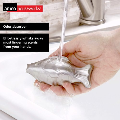 Amco Rub Away Bar, Stainless Steel Odor Absorber, Fish Shaped - Dishwasher Safe Kitchen & Outdoor Essential for Garlic, Onion, Fishing, Hiking Odors - Natural Odor Remover