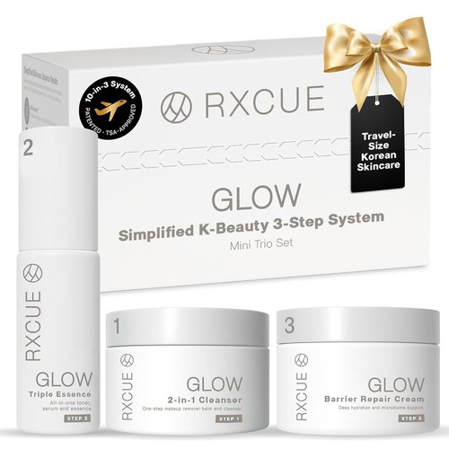 Rxcue Korean Skincare Set - 3-Step Travel Size K-Beauty Kit for Glass Skin | TSA Approved, 1.01 fl oz Each