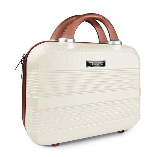 GigabitBest 14" Portable Hard Shell Makeup Travel Case - Stylish PC+ABS Cosmetic Organizer for Women - Scratch-Resistant, Elastic Strap, Mini Suitcase - Perfect for Romantic Gifts（Light Brown）