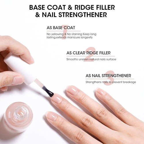 GELLEN Clear Nail Polish Base Coat - Ridge Filling Sheer Nude Tint | Nourish & Strengthen Damaged Nails