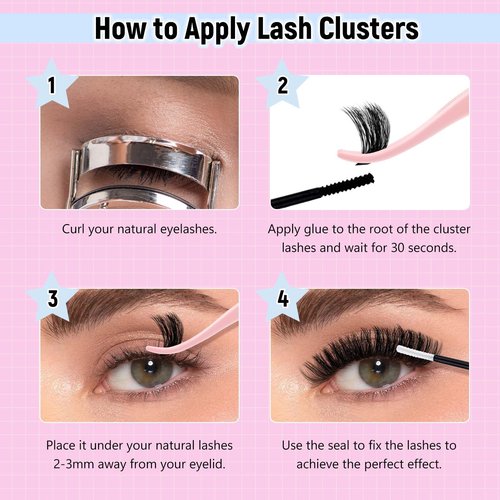 Lash Clusters 100D+200D Eyelash Clusters D Curl Fluffy Cluster Lashes 12-20mm 3D Thick Effect Individual Lashes DIY Cluster Eyelash Extensions for Beginners