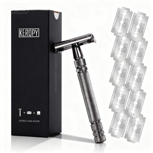Double Edge Safety Razor with 10 Disposable Blades, Butterfly Open Head Features - Washable Reusable Metal Razor, Ergonomic Design Portable Shaving Kit for Beard Shape Up - Gloss Black