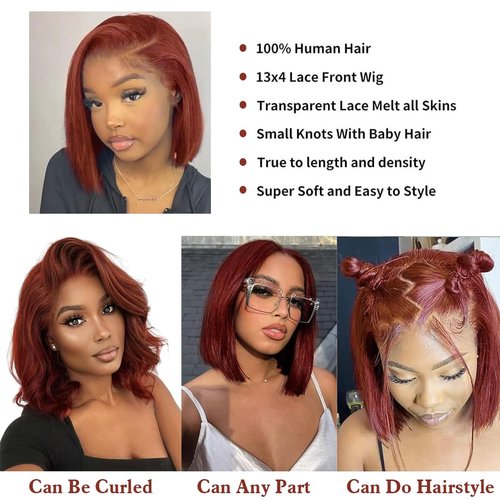 RQY Reddish Brown Bob Wig Human Hair 13x4 Reddish Brown Lace Front Wigs Human Hair Bob Pre Plucked 180% Density Short Straight Lace Front Wigs（33# bob Wig 8inch）