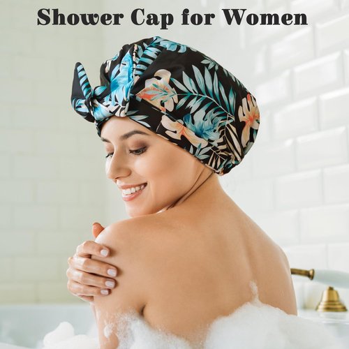 Luxury Shower Cap for Women, Shower Caps for Women Reusable Waterproof, Hair Cap for Shower, Large Adjustable Bowknot Bath Cap for Long Hair Braids