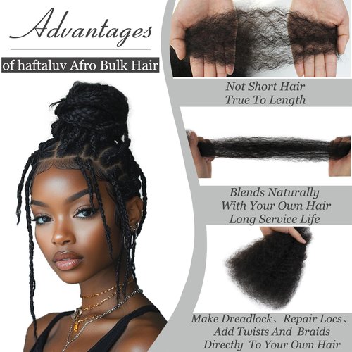 Haftaluv Afro Kinkys Bulk Human Hair 12 Inch 100g Nature Black Afro Kinky Curly Human Hair Bulk for Dreadlock Extensions, Micro Locs, Braiding Twists, Braids and Repair Locs(12 Inch, 1b#)