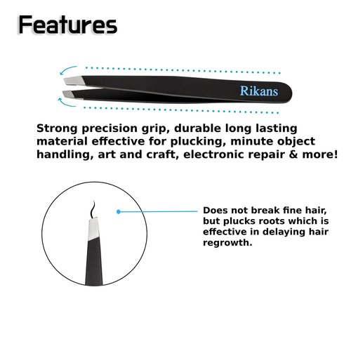 Rikans Precision Tweezers Set – Pack of 4 Black Professional Tweezers – Handy Carry Pouch – Superior Stainless Steel Tweezer Set – Splinters, Eyebrows, Facial or Ingrown Hair – Blackheads Remover