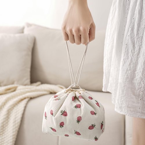 Cute Soft Corduroy Drawstring Makeup Bag with Canvas Lining, Coquette Aesthetic Drawstring Cosmetic with Strawberry Pattern for Women Girls, Kawaii Travel Makeup Organizer Case(06 Strawberry)
