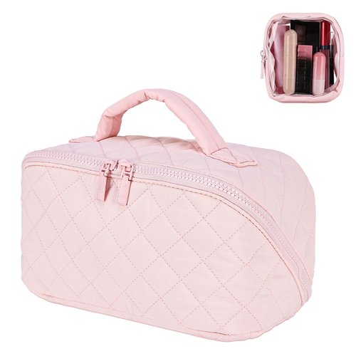 Travel Makeup Bag for Women, 2Pcs Large Capacity 180 Lay-Flat Toiletry Organizer with Brush Compartment, Waterproof Quilted Cosmetic Bag with Multiple Pockets for Travel, Vacation, Business Trip