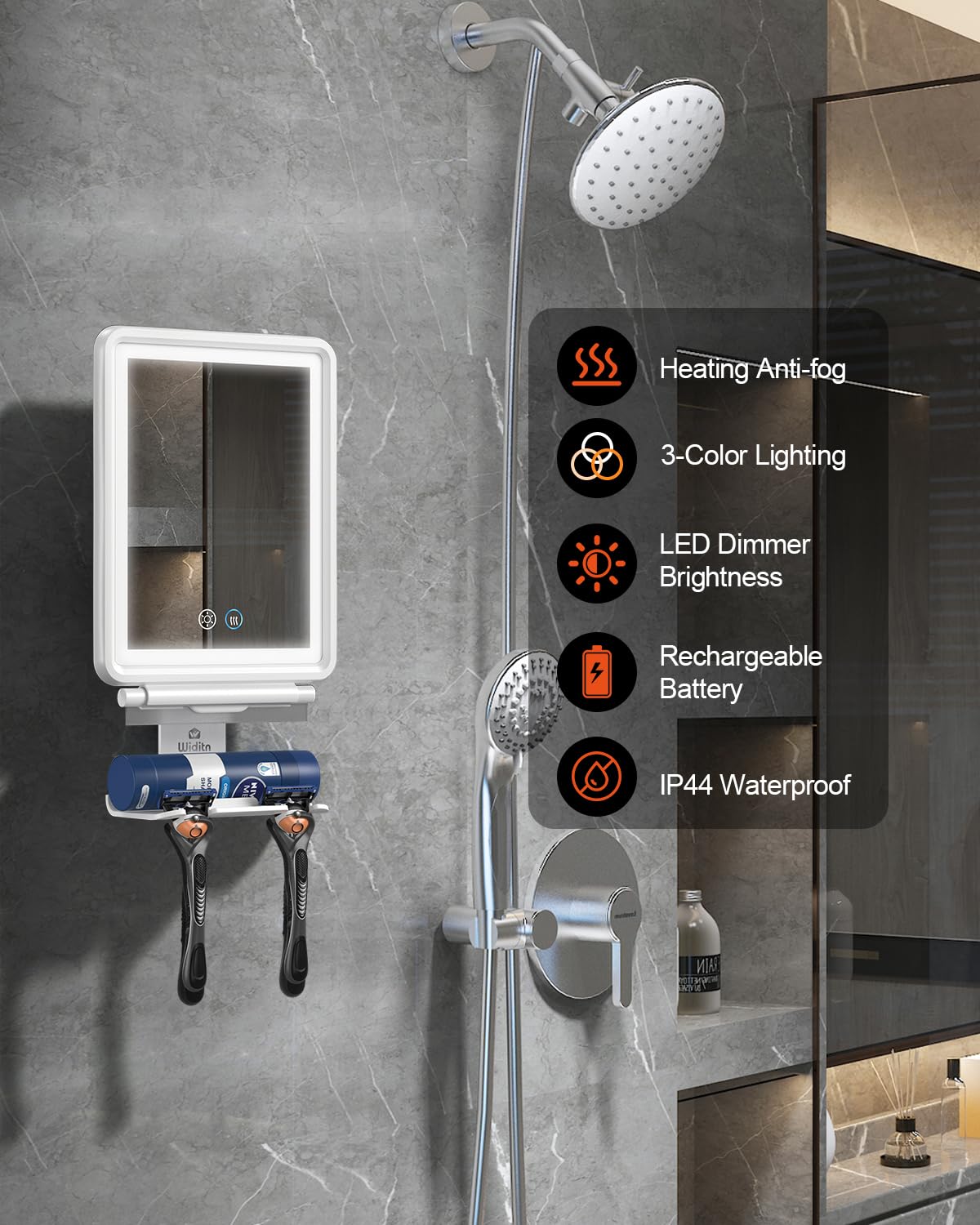 Widitn Heated Shower Mirror Fogless for Shaving, 3 Color Dimmable Lights Shower Mirror Fogless, Rechargeable Anti-Fog Shaving Mirror with Razor Holder, Storage Tray, Squeegee