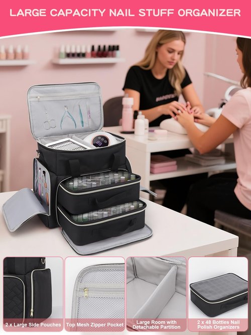 Nail Polish Organizer Case Holds 96 Bottles (15ml/0.5 fl.oz) and a Nail Dryer,Gel Polish Case Bag with 2 Removable Pouches,Nail Supplies Organizer for Nail Technicians & DIY Manicure Lovers,Black