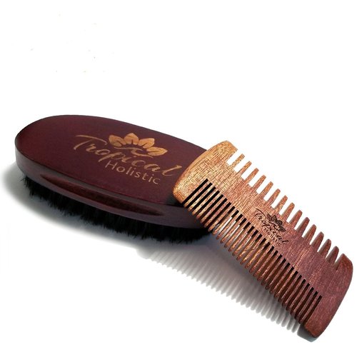 Tropical Holistic Natural Beard Grooming Kit for Men, 3-in-1 Set, Boar Bristle Brush, Handmade Wood Comb, 100% Pure Unscented Hair Treatment Oil 2 oz, Travel Bag