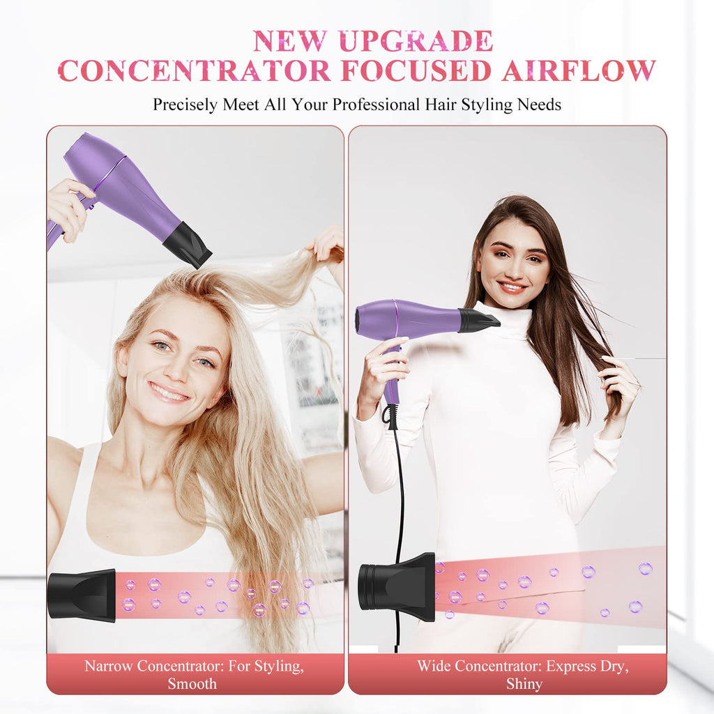 WADODO Ionic Hair Dryer, 2200W Professional Blow Dryer Fast Drying Travel Hair Dryer, AC Motor Constant Temperature Low Noise Ion Hair Dryers Curly Hair Care Hairdryer Blowdryer for Women Men(Purple)