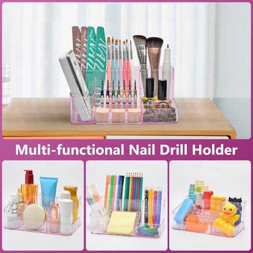 CGBE Nail Drill Holder, 28 Holes Transparent Acrylic Drill Bit Holder for Nails, Professional Nail Tool Organizer and Nail Desk Organizer -Pink (Not Including Nail Drill Machine & Bit)