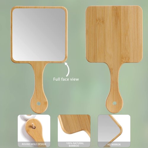 Jasefa Hand Mirror,Natural Bamboo Hand Held Mirror with Handle,Small Cute Handheld Mirror for Shaving Single-Sided Portable Travel Vanity Mirror for Men & Women,5.3" W x 9.8" L