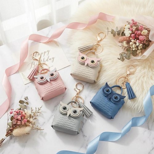4 PCS Owl Backpack Keychain Mini PU Leather Key Chain Cute Tassel Keyring Metal Snap Small Button Change Wallet Bags for Women Cosmetic Bag Data Cable Organizer Creativity Valentine's Day Present
