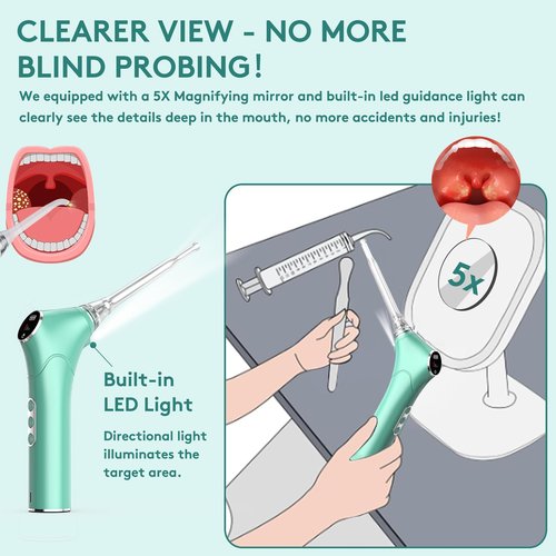 Alitake Electronic Vacuum Tonsil Stone Removal Kit - Tonsil Stone Remover with Built-in LED Light 3 Suction Mode - Fight Bad Breath Oral Irrigator 5X Magnifying Mirror for Stone Removal (Green)