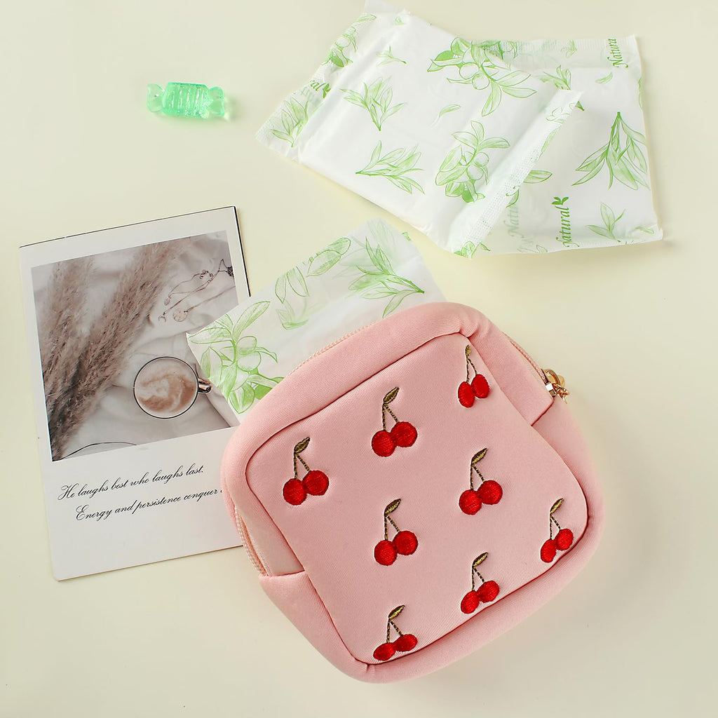 ZUCOLUS Pink Period Bag for Teen Girls, Mini Sanitary Napkin Storage Makeup Bag,Small Cherry Embroidery Period Bag for Women Girls
