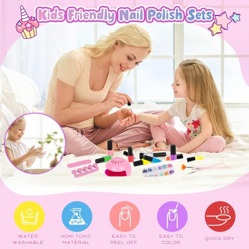 Oisacirg Kids Nail Polish Set for Girls, 28Pcs Nail Art Kit with Nail Dryer, Non-Toxic Peel-Off Water-Based Nail Polish Christmas Birthday Gifts Toddlers Kids Girls Toys Ages 8 9 10+