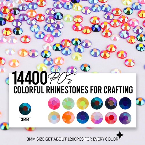 FANDAMEI 25400 PCS Resin Rhinestones, 3mm Mixed Color & Silver Rhinestone Kit, Non-Hotfix Gems For Crafting, Flatback Rhinestones For Crafting, Rhinestone For Nails, 2/3/4/5/6mm
